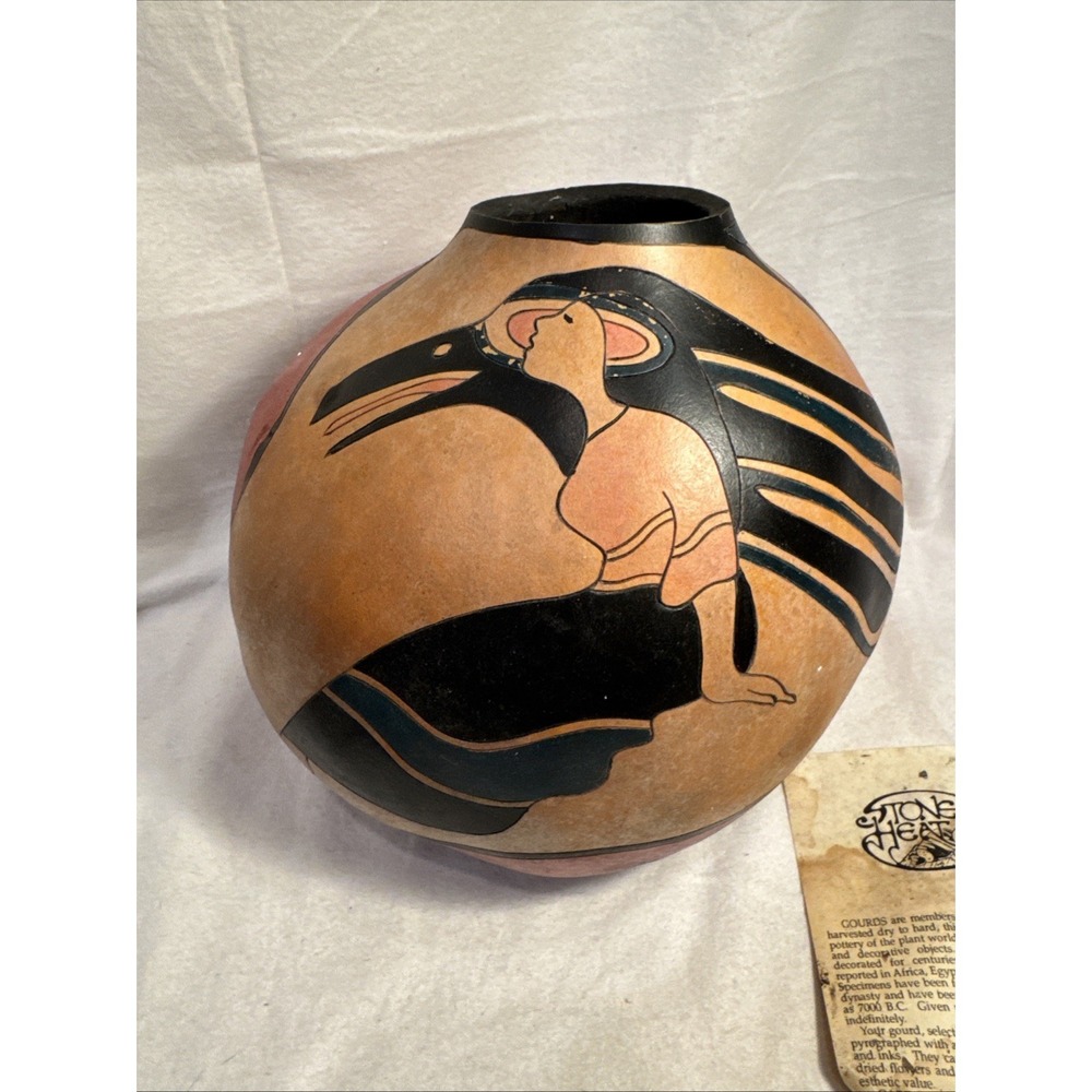 Vtg Stone Heat Studio Painted Gourd Native American Woman Signed 9.5" X 10.5"